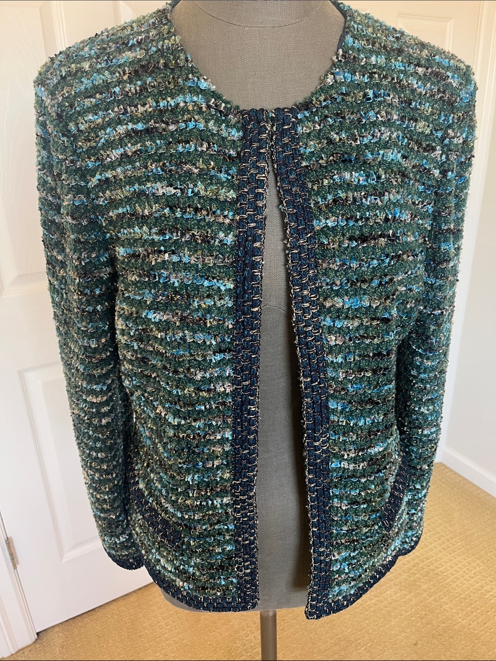 St John Couture Gold Metallic Knit Women's Jacket Teal & Emerald Sz 14 Designer